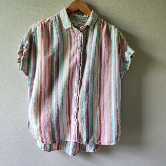 Time and Tru Tops - Time And Tru Button Up Shirt Womens XL 16 18 Linen Blend Striped Short Sleeve